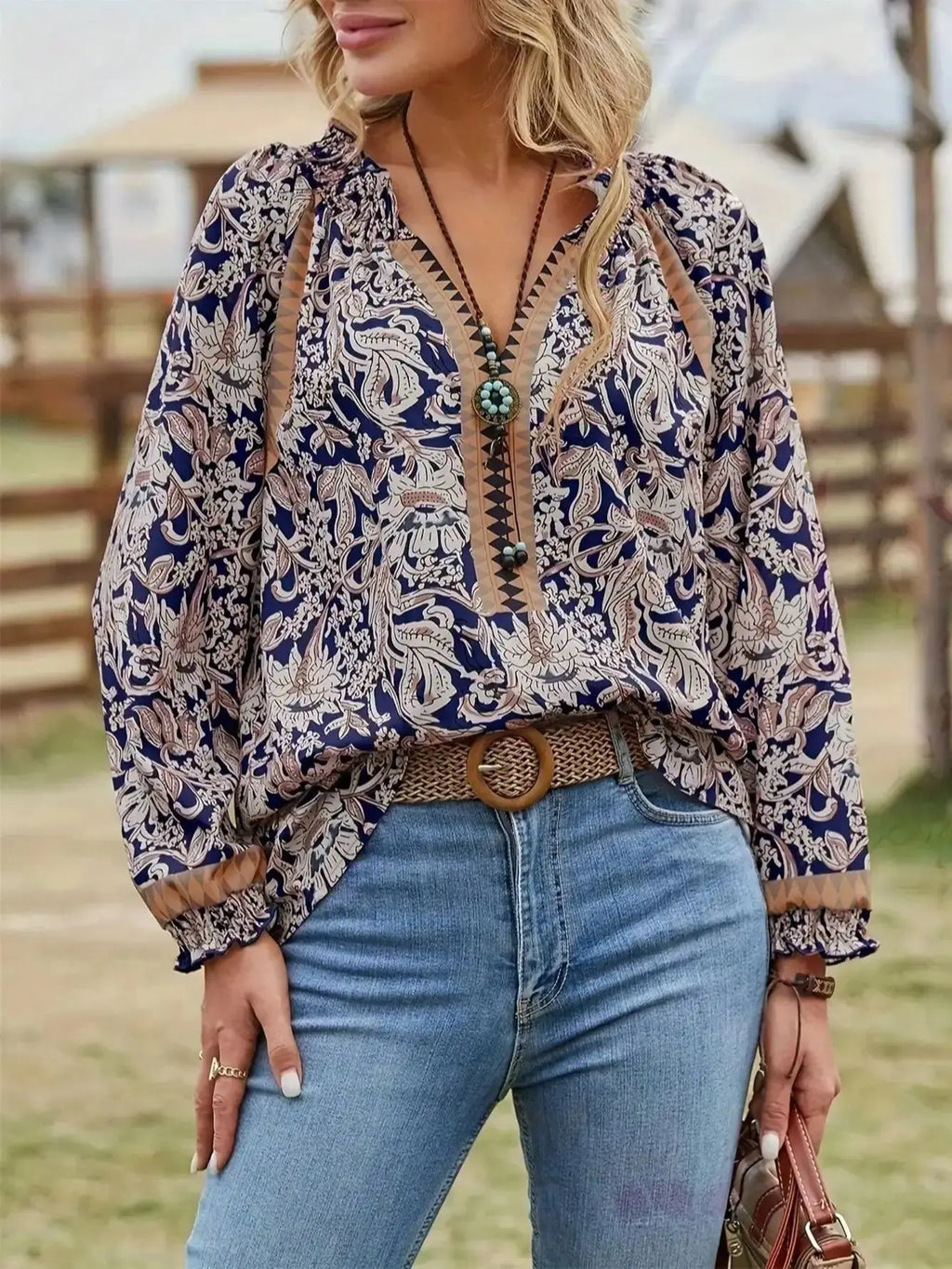 👚 Women’s Bohemian Print Long Sleeve Tunic Blouse – Tie Neck, Flounce Sleeves, Navy Blue