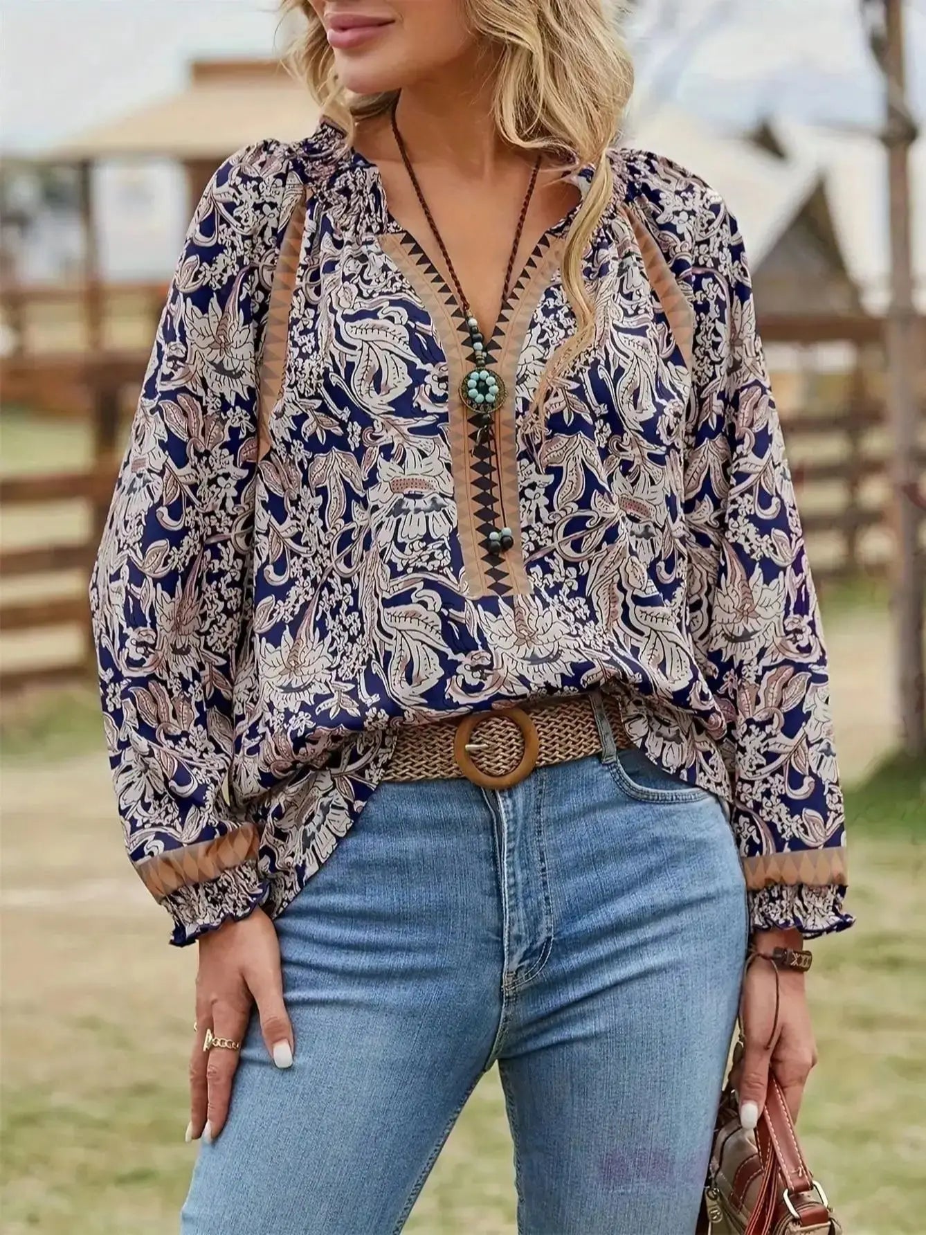 👚 Women’s Bohemian Print Long Sleeve Tunic Blouse – Tie Neck, Flounce Sleeves, Navy Blue