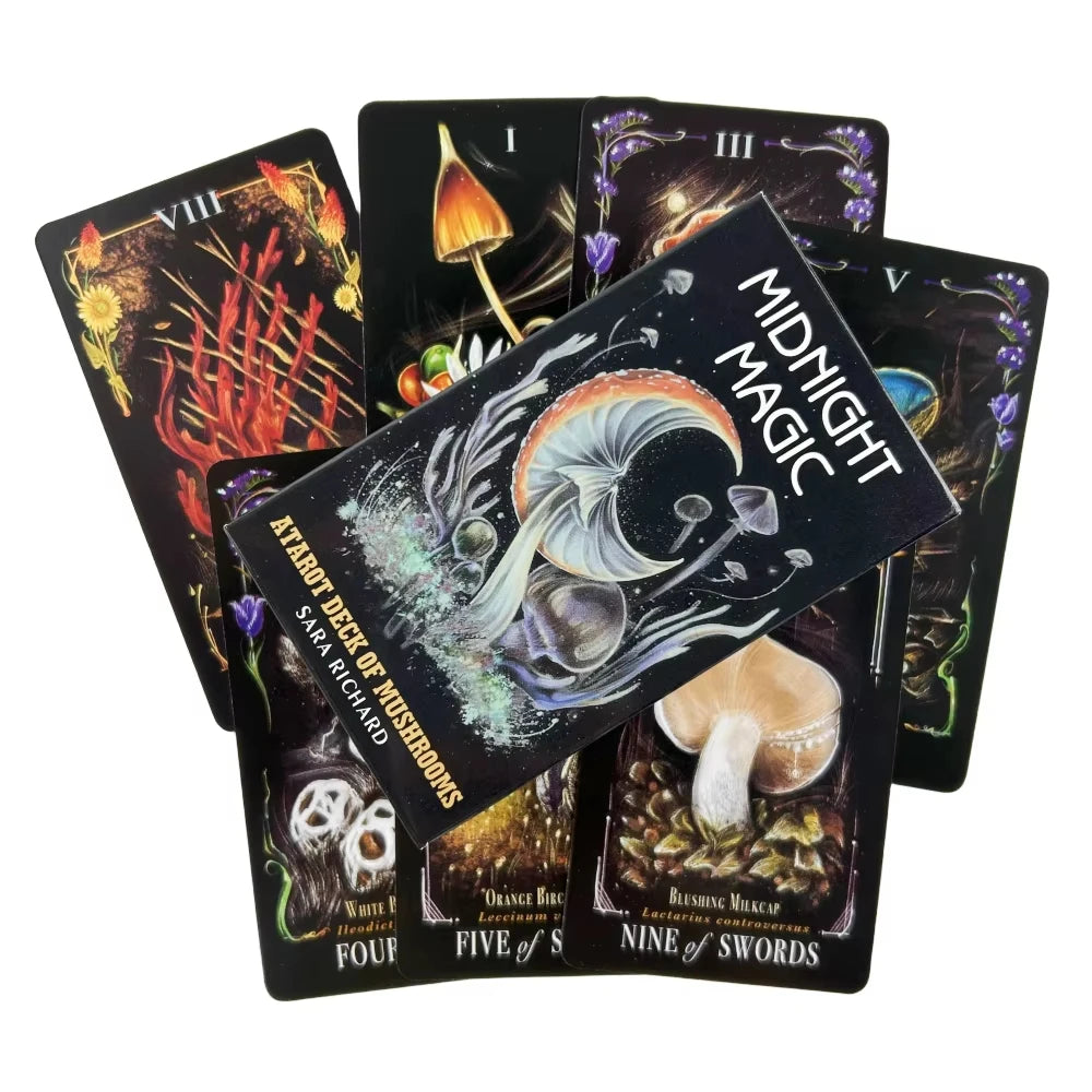 🍄 Midnight Magic Tarot Deck of Mushrooms – 78 Unique Cards | Rider-Waite Based | Stunning Fungi Illustrations | 138-Page Full-Color Guidebook Included | Compact Size 10.3 x 6 cm