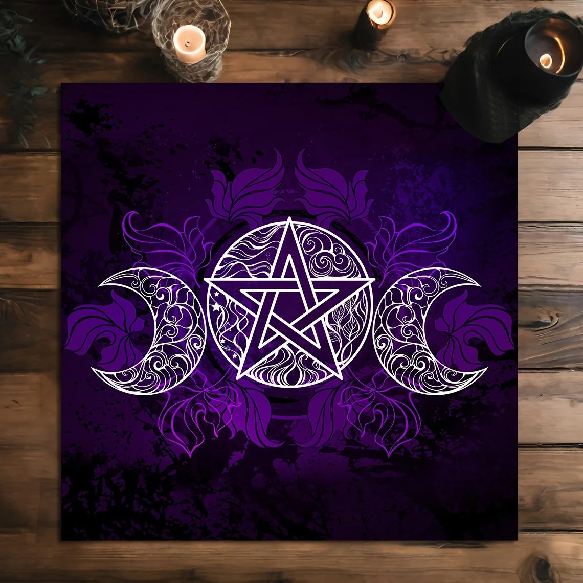 🌙 Velvet Tarot Card Mat | Purple Triple Moon Goddess Design – Altar Cloth & Table Pad for Witchcraft, Astrology, and Board Games