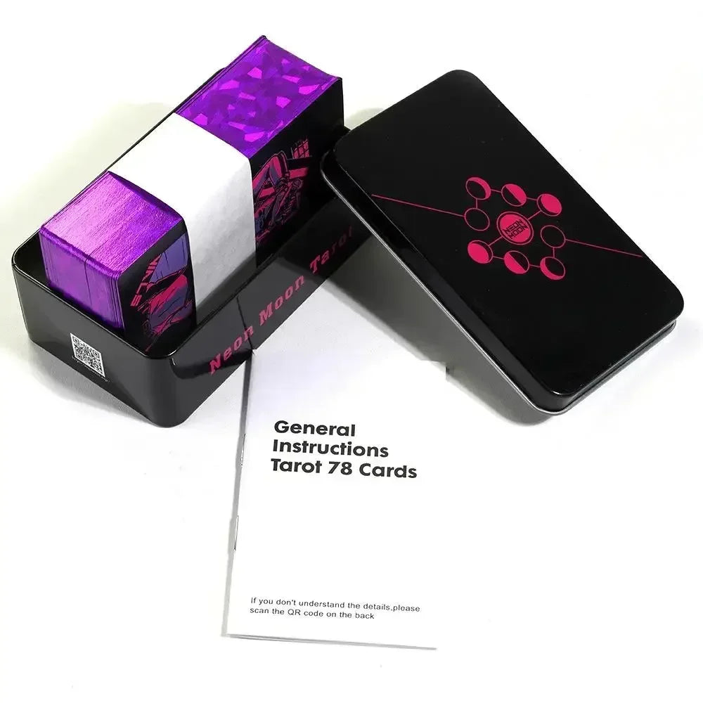 🌑 Neon Moon Tarot Deck – 78 Cards | Compact 10.3 x 6 cm | Includes Guidebook & Tin Box | Fusion of The Light Seers & Adventure Time Tarot | Family & Party Divination Game