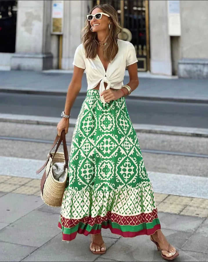 🌟 Women's Large Swing Skirt European And American Foreign Trade Printed Loose Splicing Half Skirt green