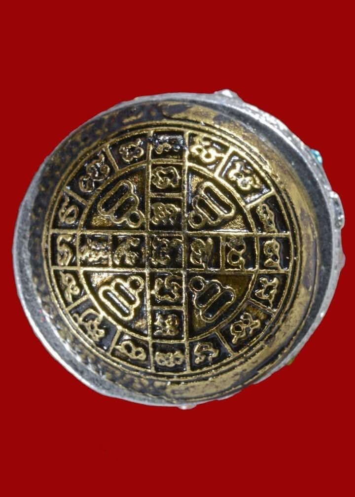 Exclusive Luk Om Nuea Duang Amulet - Limited Edition 2K Satin Silver with Nine Gemstone Inlays, Dual Empowerment from Luang Pu Mun, Luang Pu Theng & Luang Pu Sila