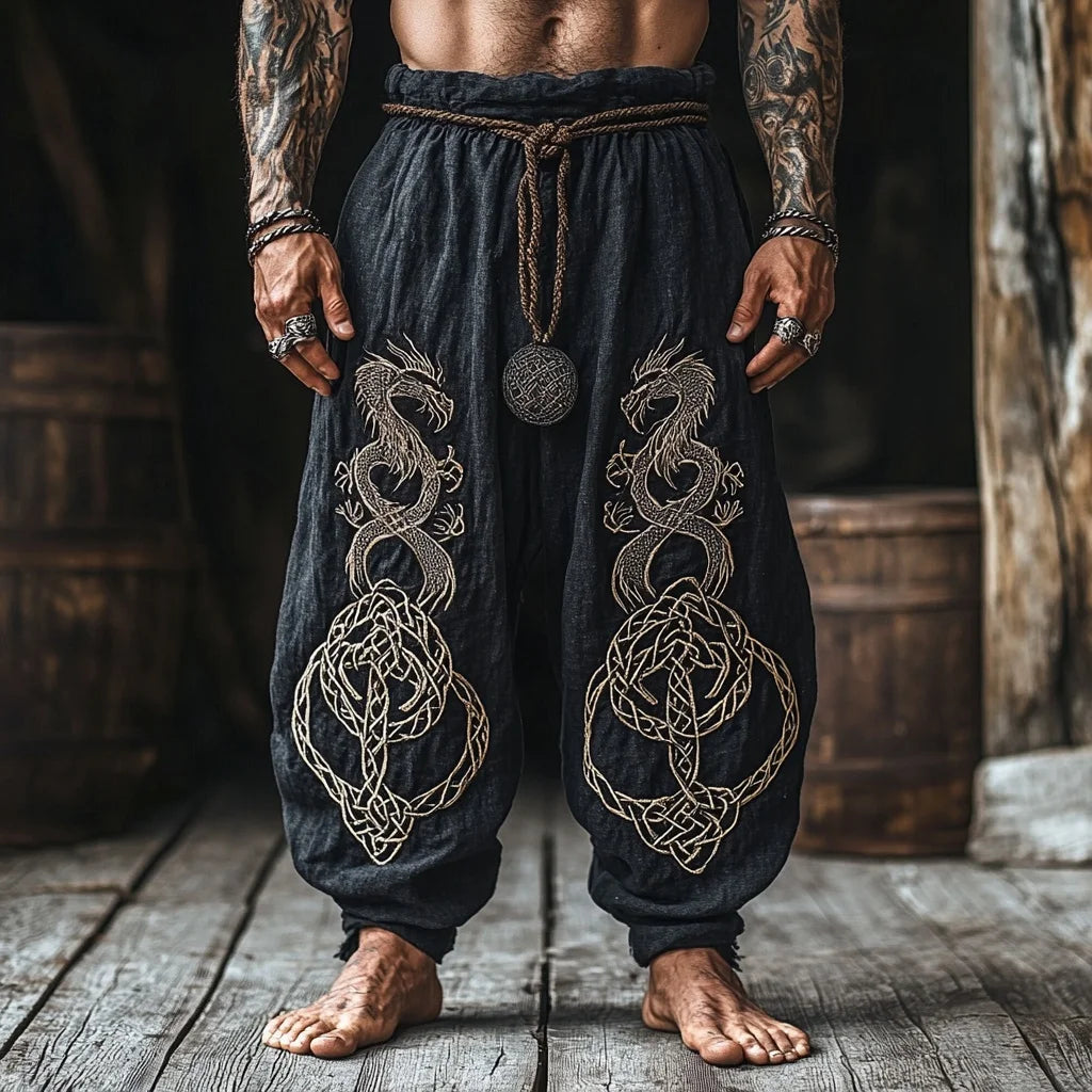 🃏 Men’s Retro Viking Celtic Skeleton 3D Printed Drawstring Pants – Casual Straight-Leg Summer Beach Pants, Plus Sizes S–5XL D81PHG259162371