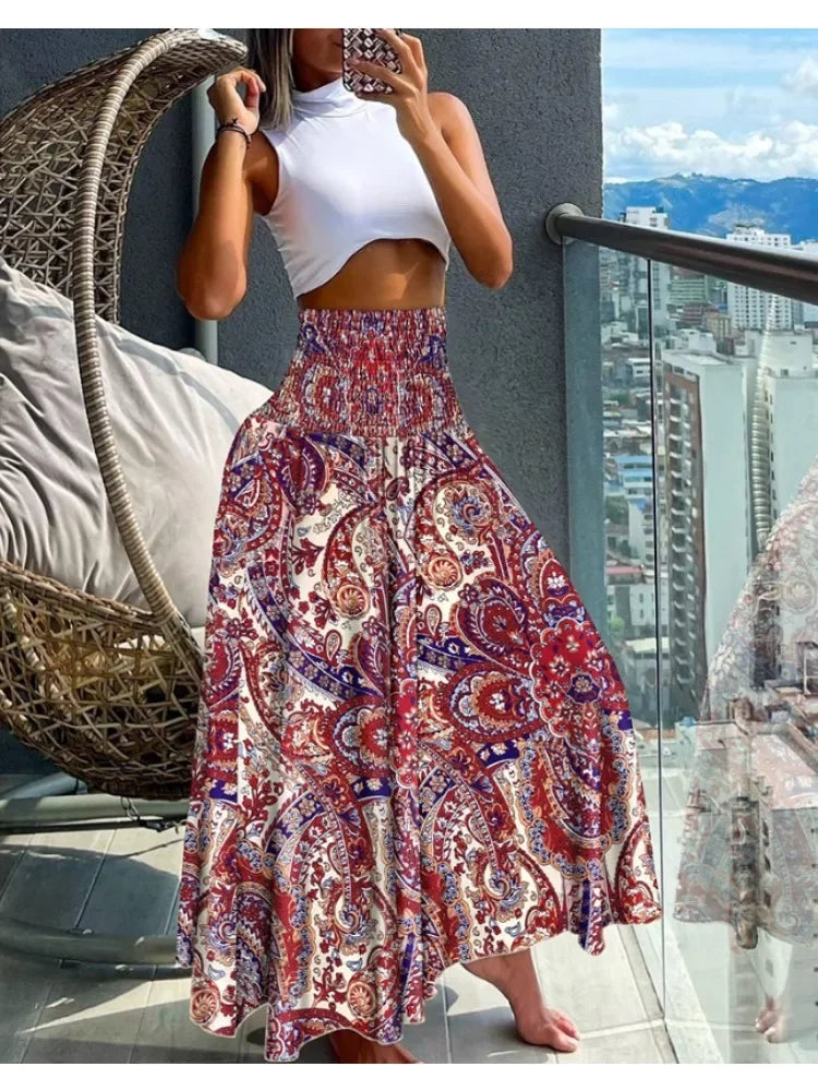 🌟 Women Fashion Floral Print Folds Bohemian Elastic High Waist Skirt Ladies Knee-Length Long Skirts red
