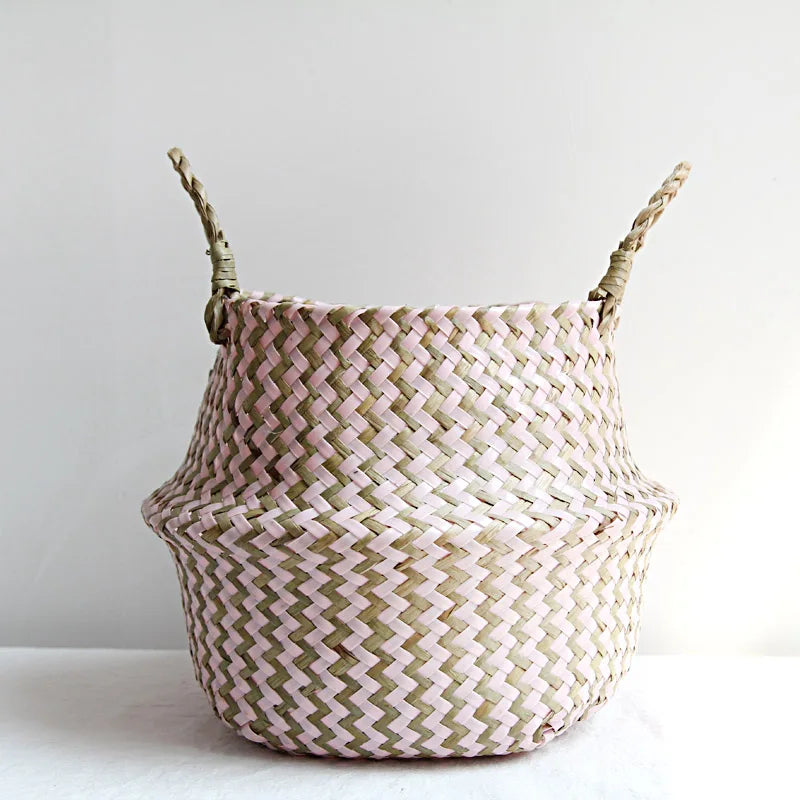 Handmade Boho Striped Wicker Storage Baskets – Collapsible Laundry & Garden Flower Pot Baskets with Patchwork Design pink and brown