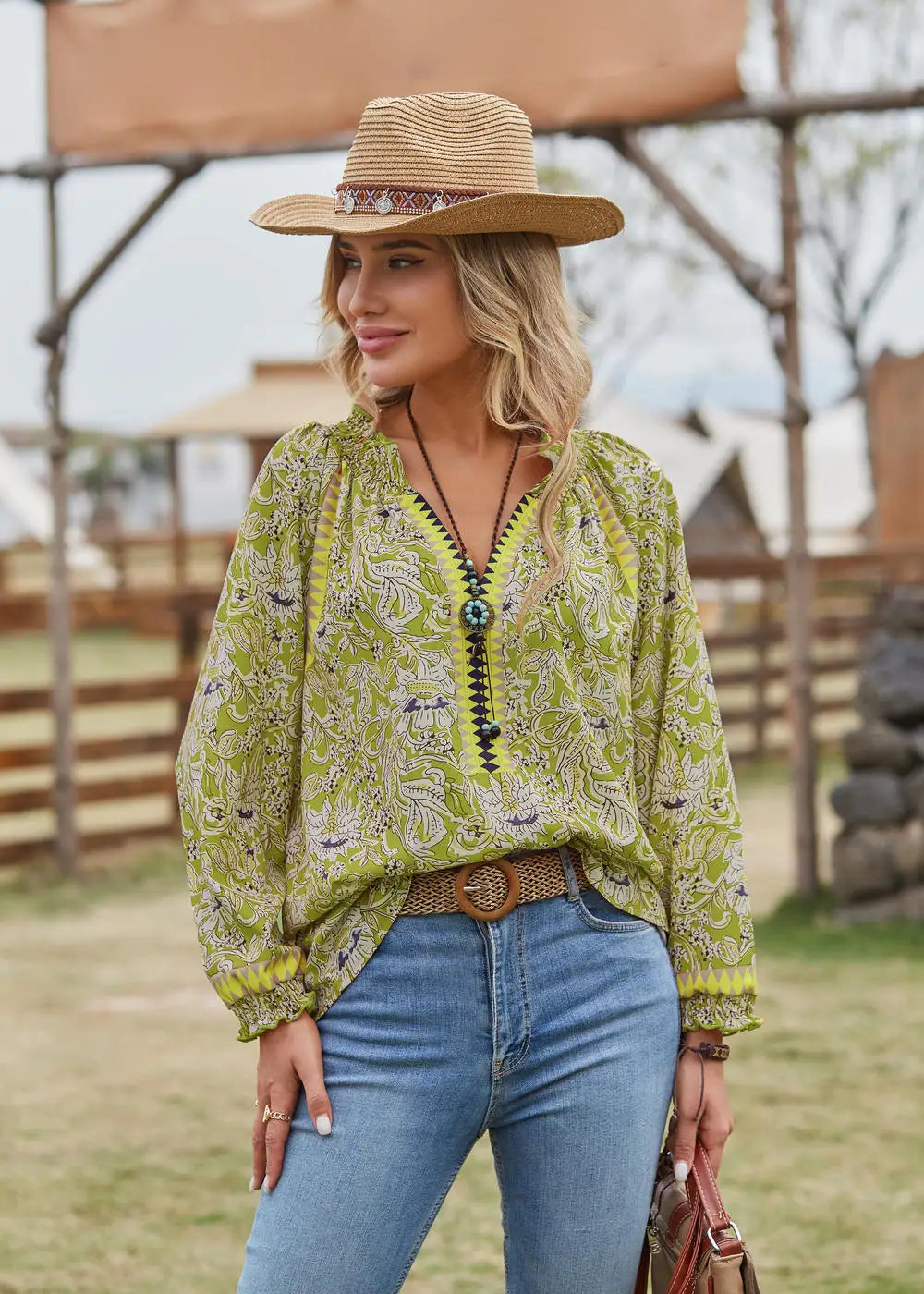 👚 Women’s Bohemian Print Long Sleeve Tunic Blouse – Tie Neck, Flounce Sleeves, Navy Blue Light Green