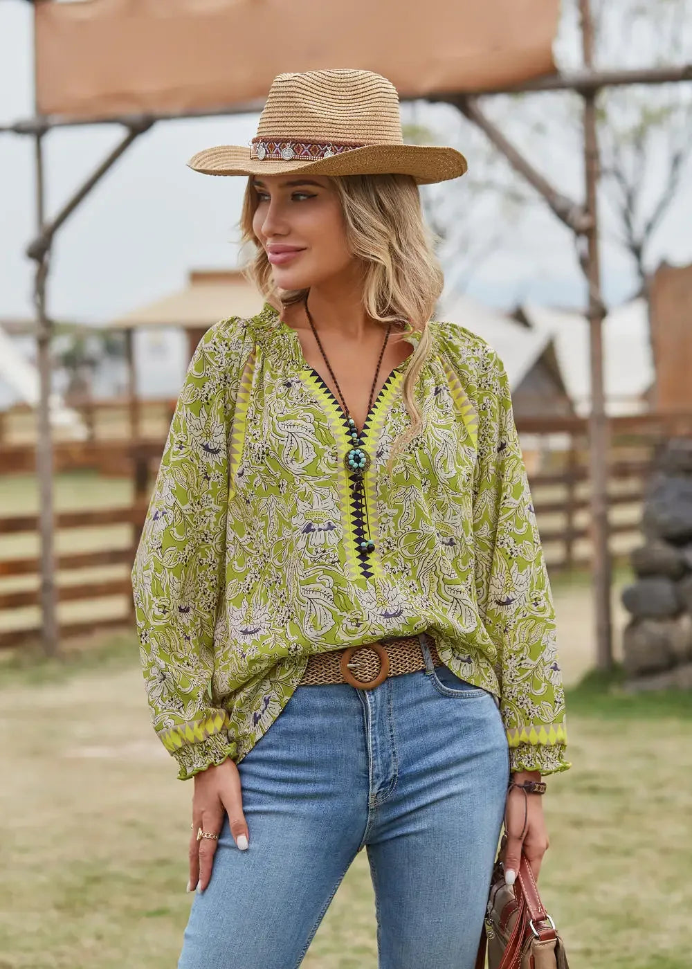 Women’s Bohemian Tunic Blouse with Long Sleeves, Tie Neck, and Flounce Sleeves in Navy Blue Light Green