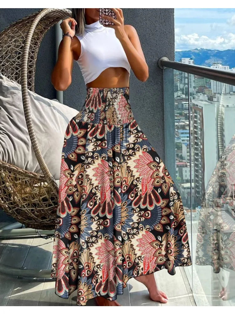 🌟 Women Fashion Floral Print Folds Bohemian Elastic High Waist Skirt Ladies Knee-Length Long Skirts Blue