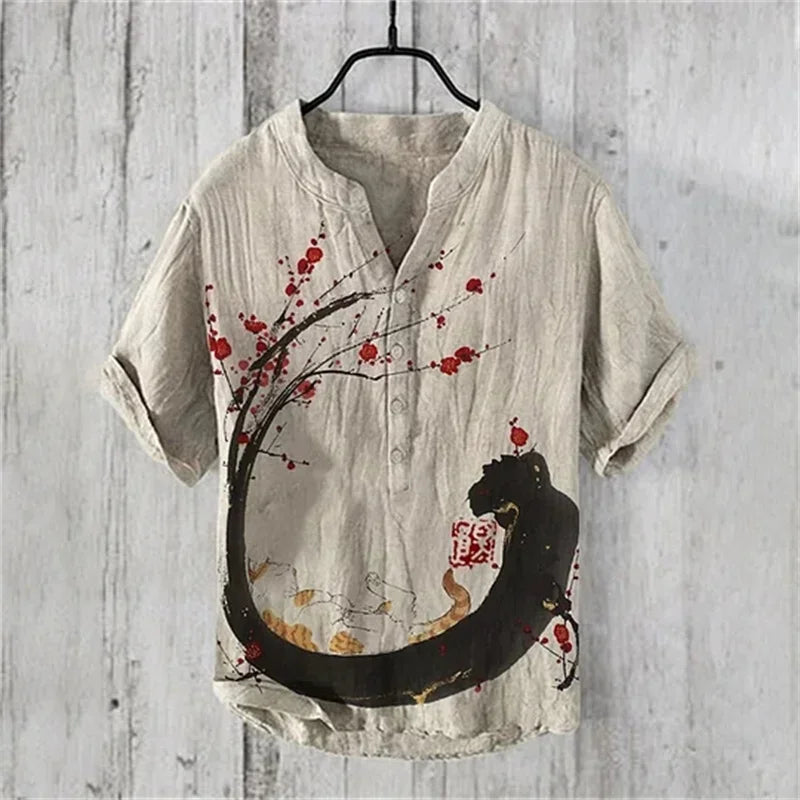 🌊 The Kanagawa Gallery Edition: Premium Men’s Summer V-Neck – High-Definition "The Great Wave off Kanagawa" Graphic Print, Breathable Linen-Blend Performance Fabric, and Sophisticated Modern-Fit Designer Tee