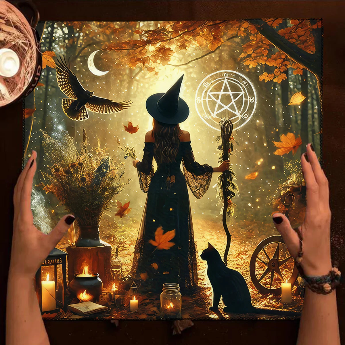 🃏 Witch Autumn Black Cat Tarot Tablecloth – Pentagram Altar Cloth for Divination, Halloween & Witchy Celebration Decor
