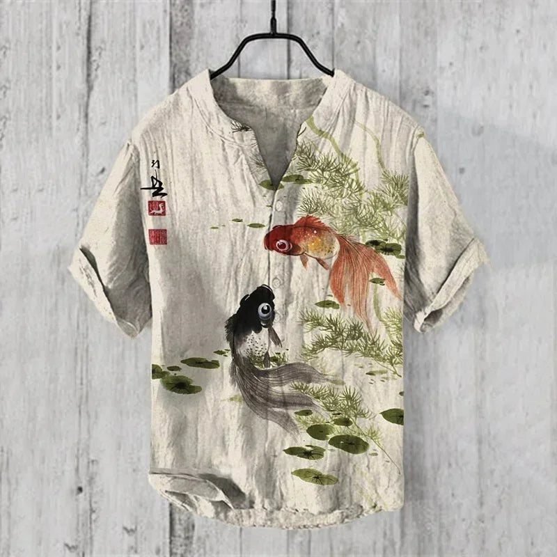 🖌️ The Zen Ink Artisan: Premium 2026 Men’s 3D Japanese Landscape Shirt – High-Definition Bamboo, Bird & Koi Ink-Wash Print, Breathable Wrinkle-Resistant Hybrid, and Sophisticated Henry V-Neck Casual Button-Down HTY913