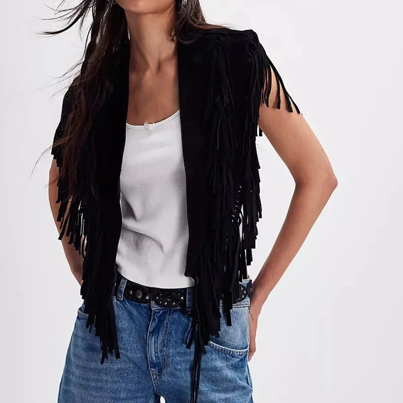 Women’s Tassel Vest - Y2K Boho Fringe Sleeveless Jacket with Suede Collar and Open Front One Size black