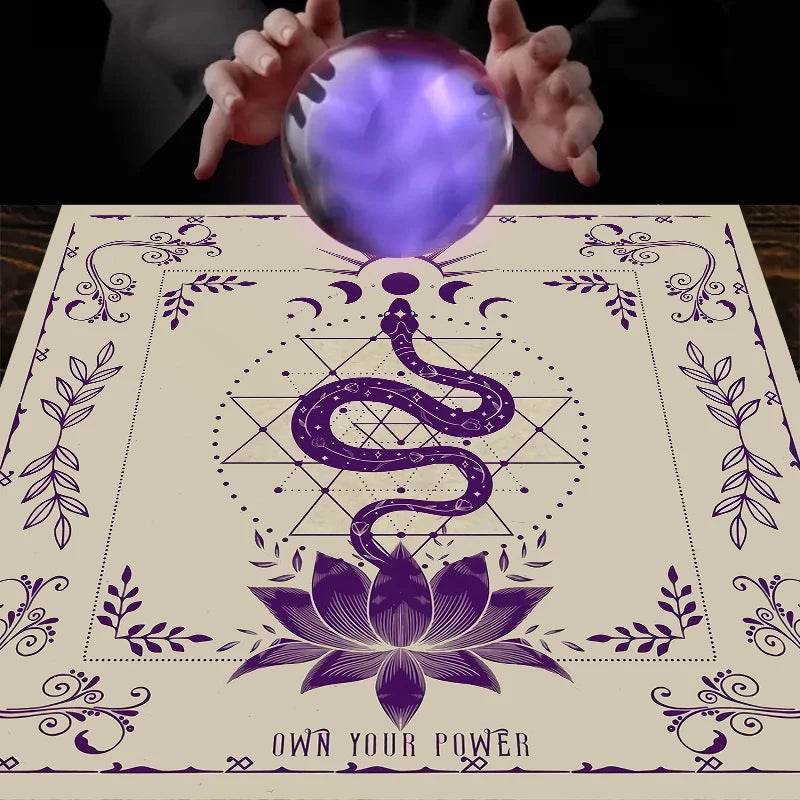 Thai Blessing Co astrology tarot tablecloth featuring purple snake over lotus with moon phases and hands holding crystal ball
