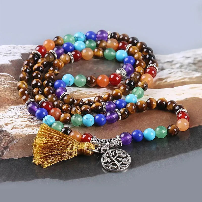 📿 108 Bead Rose Quartz & Tiger Eye Mala: 7 Chakra Healing Wrap Bracelet & Necklace – Heart Healing, Confidence & Meditation Prayer Beads