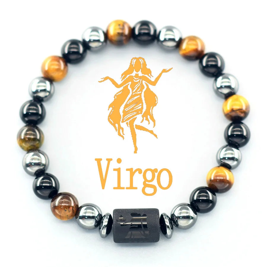 ✨ 12 Zodiac Sign Bracelet Homme – Natural Yellow Tiger Eye Stone & Hematite Constellation Bangle – Cancer, Taurus, Libra Astrology Bracelet for Women 12 Virgo 8 mm Beads