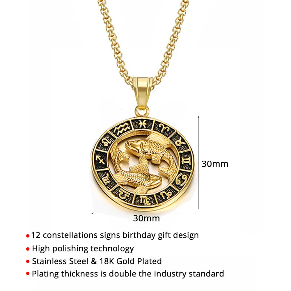 ♌♏ Zodiac Sign Leo Scorpio Pendant Necklace – Gold Color Stainless Steel Round 12 Constellation Design Unisex Astrology Jewelry Stylish Gift for Women and Men