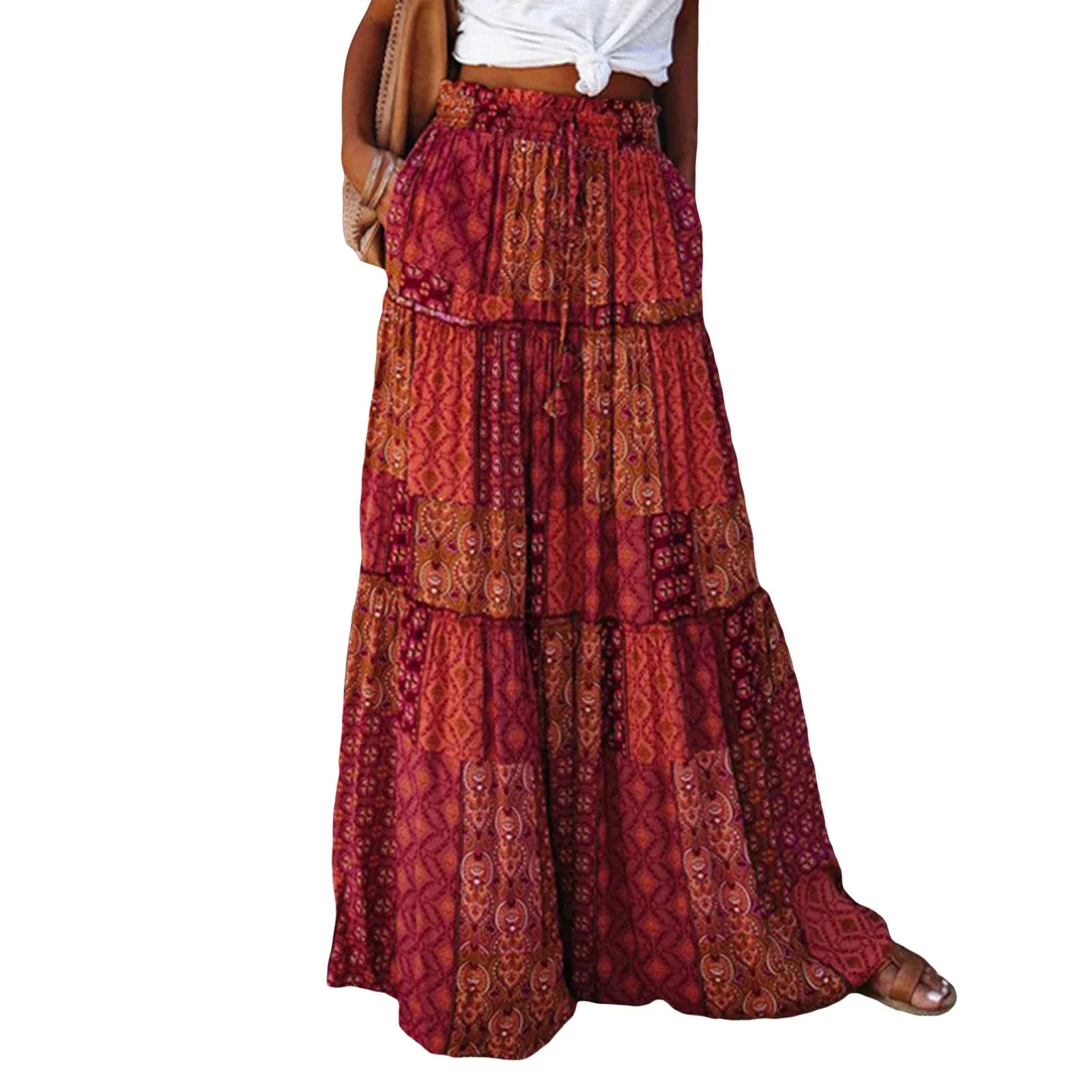 Women’s Bohemian High Waist Skirt A-Line Swing with Pockets - Drawstring Elastic Long Skirt B