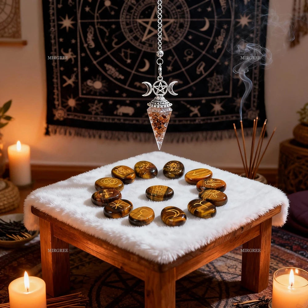 💜 Purple Crystal Spirit Pendant & Rune Stone Set – 1/13/14pcs Spiritual Jewelry for Witchcraft Divination & Blessing Ceremony 14pcs