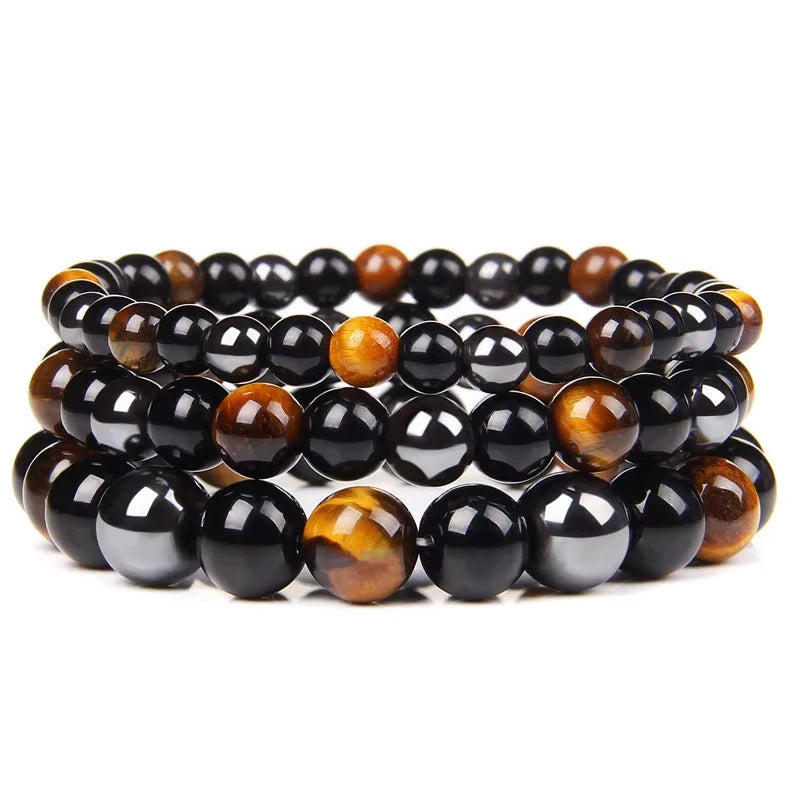 🛡️ Triple Protection "Soul Shield" Magnetic Bracelet: Natural Black Obsidian, Hematite & Tiger Eye – Health, Wealth & Negative Energy Blocker for Men & Women (Pulsera Hombre) 1 pc 8MM