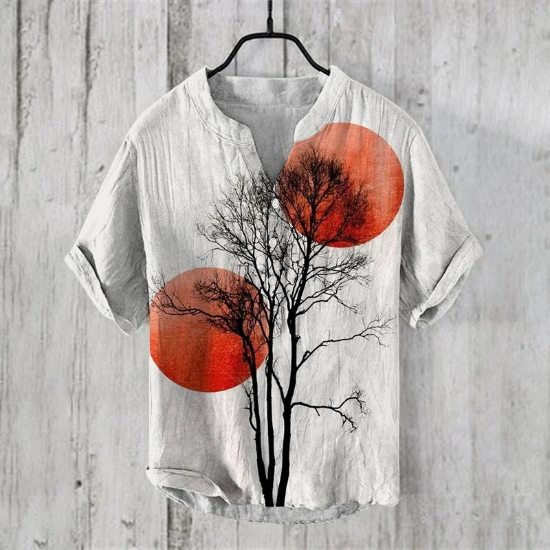 ⛩️ The Zen Crane Heritage: Premium Men’s 100% Pure Organic Linen Shirt – High-Definition Oriental Landscape Art Print, Sophisticated V-Neck Cut, and Plus Size (Up to 6XL) Luxury Casual Button-Down