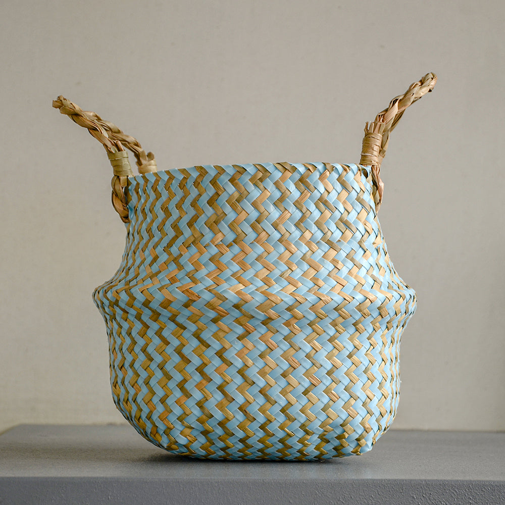 Handmade Boho Striped Wicker Storage Baskets – Collapsible Laundry & Garden Flower Pot Baskets with Patchwork Design