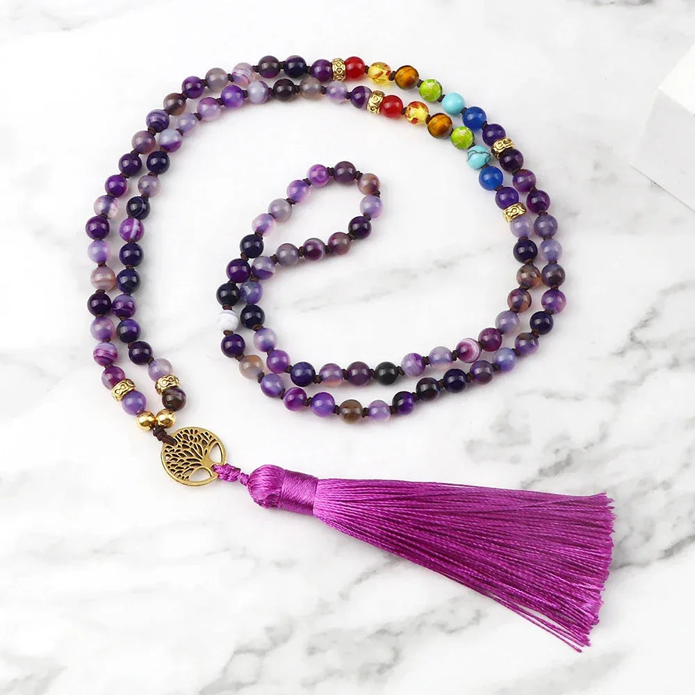 🐯 Tiger Eye & Black Onyx 108 Mala Necklace with Tree of Life Pendant – 7 Chakra Healing Crystal Beads & Protection Rosary Jewelry for Men & Women Purple Striped