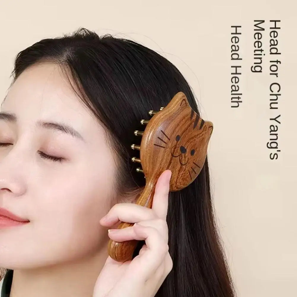 Sandalwood Scalp Massage Comb – Cat Shape Wooden Wide Tooth Guasha Scraping Comb for Hair and Body Massage﻿