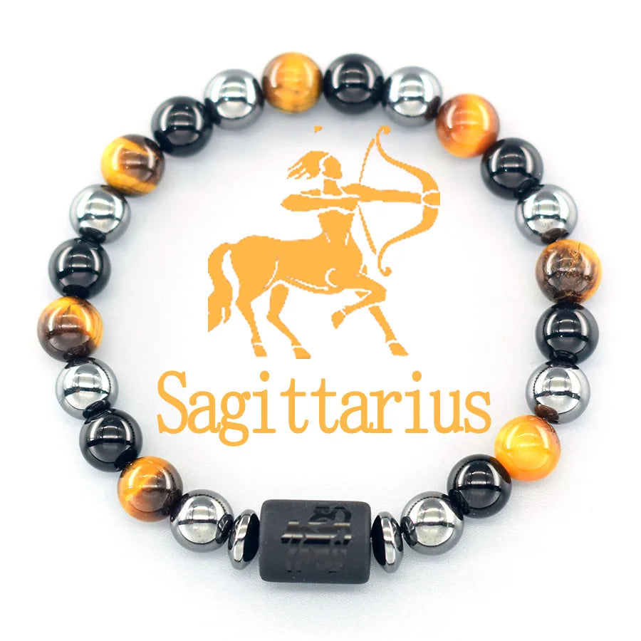 ✨ 12 Zodiac Sign Bracelet Homme – Natural Yellow Tiger Eye Stone & Hematite Constellation Bangle – Cancer, Taurus, Libra Astrology Bracelet for Women 10 Sagittarius 8 mm Beads