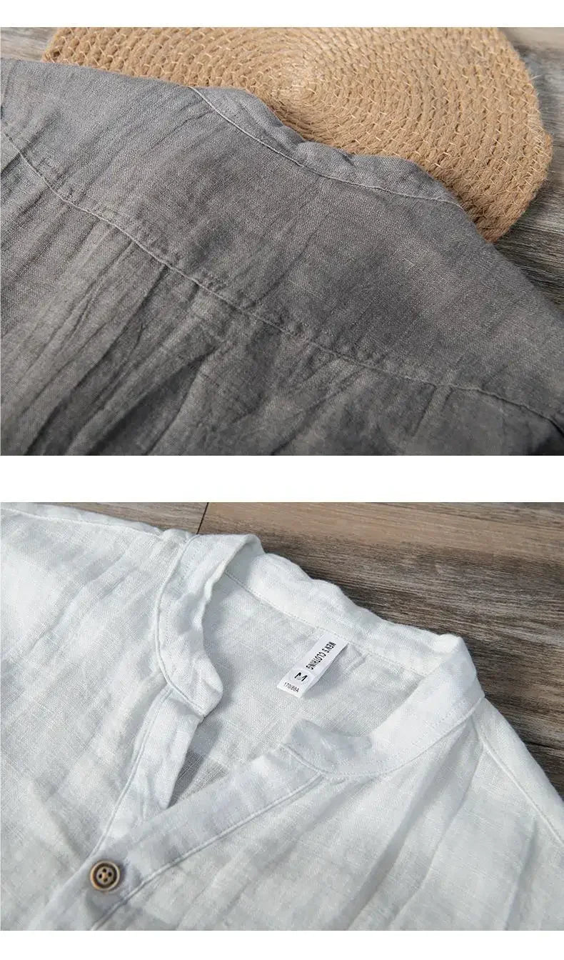 🌿 The Zen-Essential Pure Linen Top: Premium Men’s 100% Organic Linen V-Neck Shirt – Loose Fit Vintage Silhouette, Breathable Half-Sleeve Design, and Ultra-Lightweight Summer Casual Tee