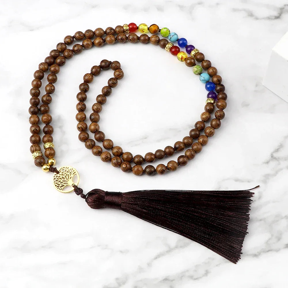 🐯 Tiger Eye & Black Onyx 108 Mala Necklace with Tree of Life Pendant – 7 Chakra Healing Crystal Beads & Protection Rosary Jewelry for Men & Women Wooden Bead