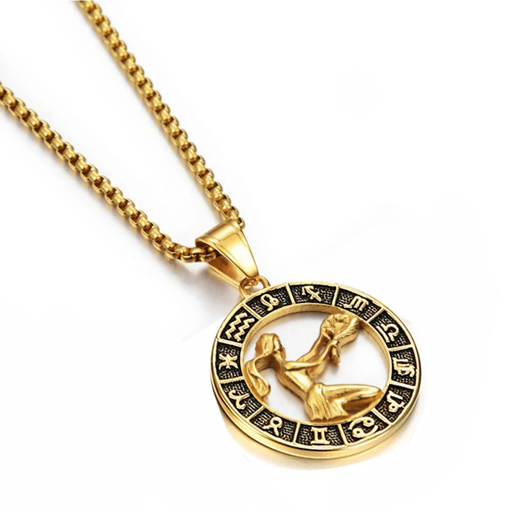 ♌♏ Zodiac Sign Leo Scorpio Pendant Necklace – Gold Color Stainless Steel Round 12 Constellation Design Unisex Astrology Jewelry Stylish Gift for Women and Men Virgo Gold Color