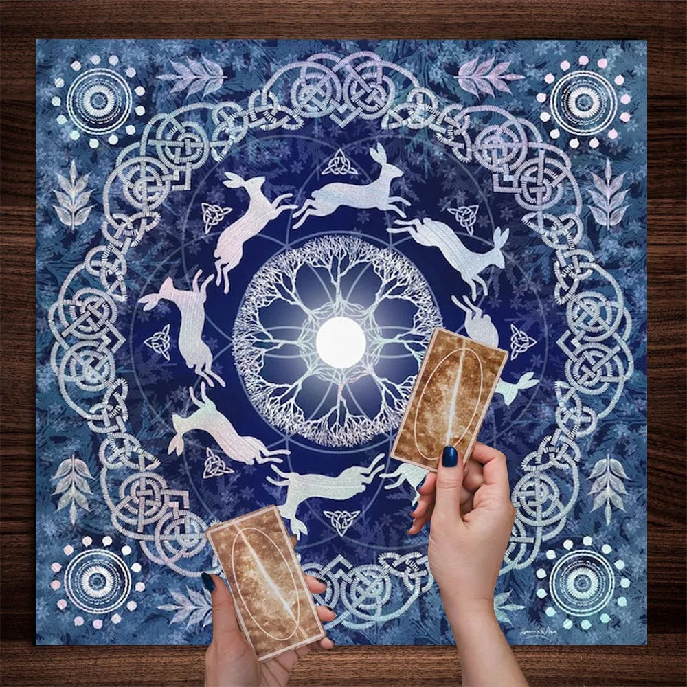 🃏 VIKAMA Celtic Secret Realm Tablecloth – Tree of Life, Moon Rabbit & Elf Altar Cloth for Meditation Rooms, Esoteric Altars & Mystic Home Decor