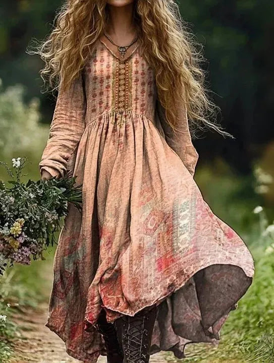 🛍️ Casual Women’s Vintage Printed Dress – V-Neck, Long Sleeves, Loose Large Swing Dress for Spring & Autumn