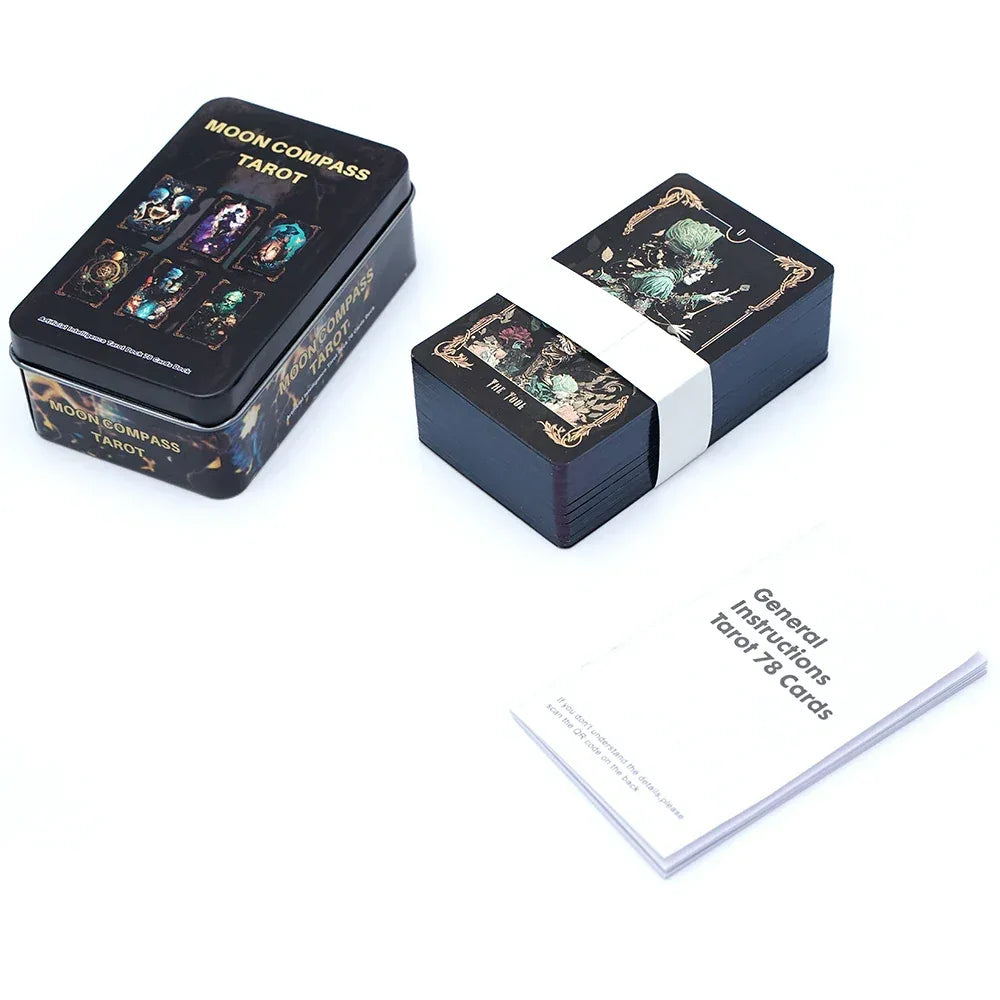 🌙 DMoon Compass Tarot & Del Toro Tarot Deck – 78 Cards | Gilded Edge, Paper Guidebook | Beginner Friendly | Tin Metal Box