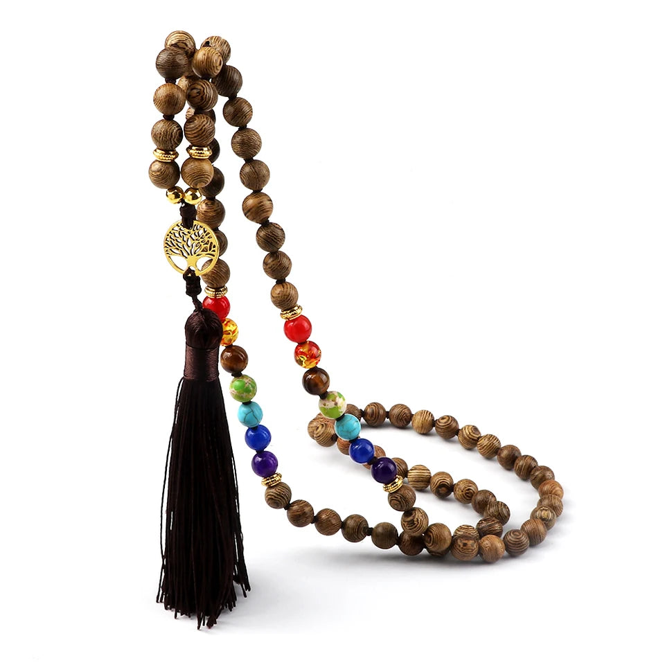 🌳 7 Chakra Wooden Japamala Necklace: Vintage Tree of Life 108 Bead Mala – Meditation, Yoga & Prayer Rosary with Healing Tassel