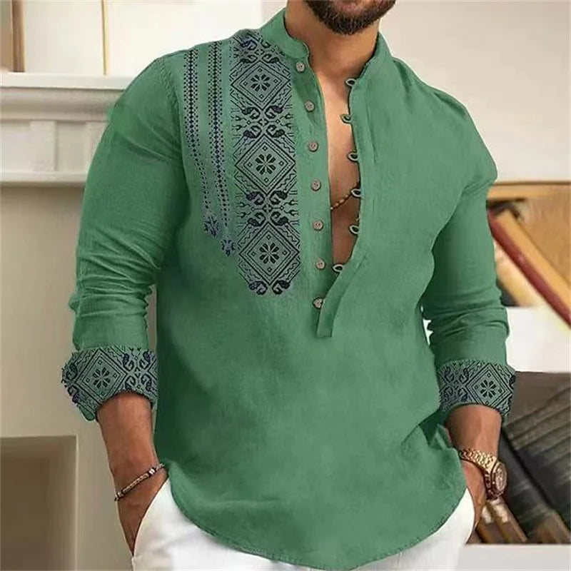 ✨ The Zen-Luxe 7-Button V-Neck Shirt: Premium Men's Casual Long Sleeve Beach Top – Loose Fit Breathable Design with High-Quality Fabric and Sophisticated Deep-V Silhouette