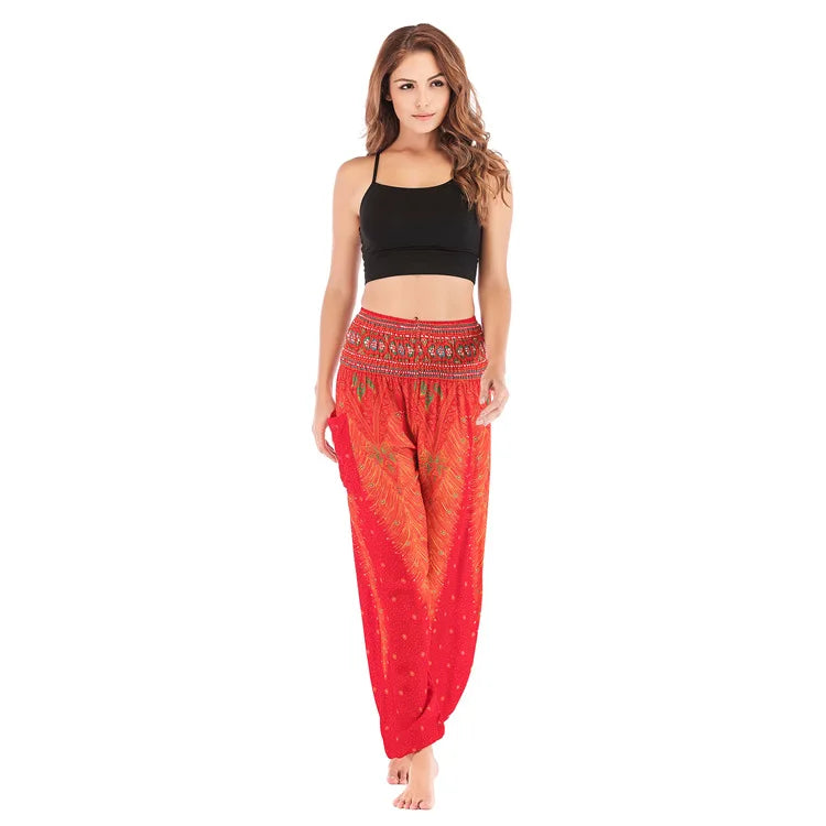 🧘‍♀️ Women’s Yoga Boho Pants – Floral Print Harem Leggings with Pocket, High Waist, Elastic Waistband, and Ankle Straps