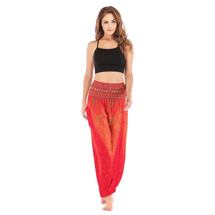 Women's Boho Yoga Pants - High Waist Floral Print Harem Leggings with Pockets for Comfort and Style