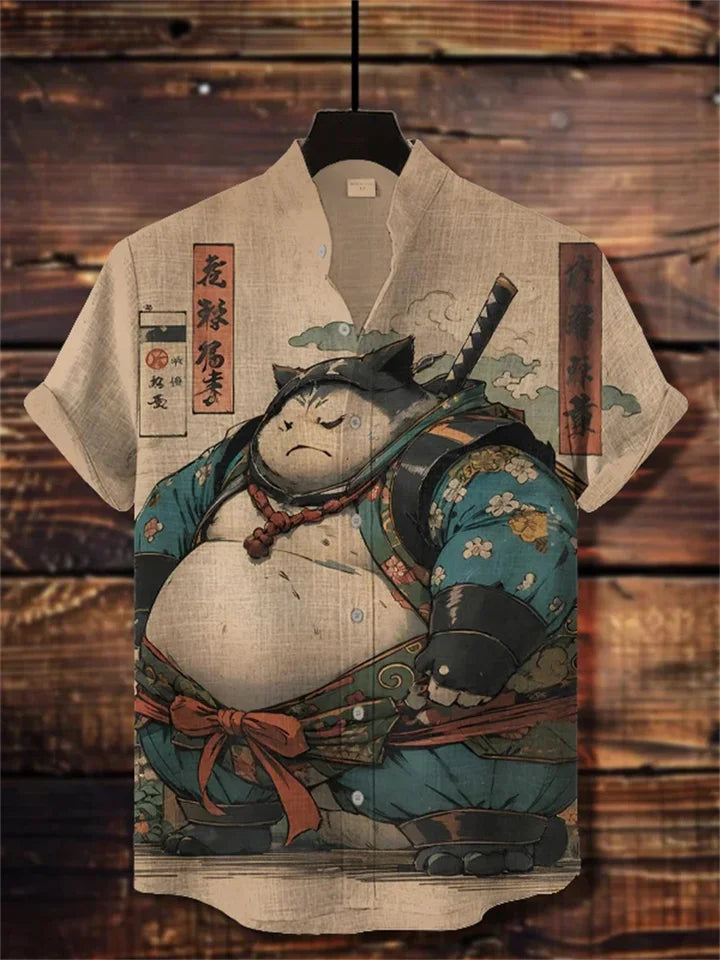 ⚔️ The Neko-Warrior Heritage: Premium Men’s 3D Samurai Cat Linen Shirt – High-Definition Plum Blossom Graphic Print, Breathable Organic Cotton-Linen Blend, and Sophisticated Harajuku-Inspired Summer Button-Down