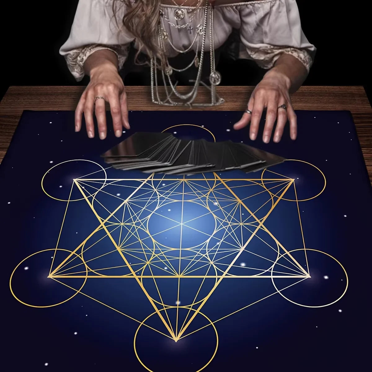 🃏 VIKAMA Geometric Flower of Life Tarot Tablecloth – Metatron Cube Reading Mat & Sacred Geometry Witchy Altar Cloth Gift
