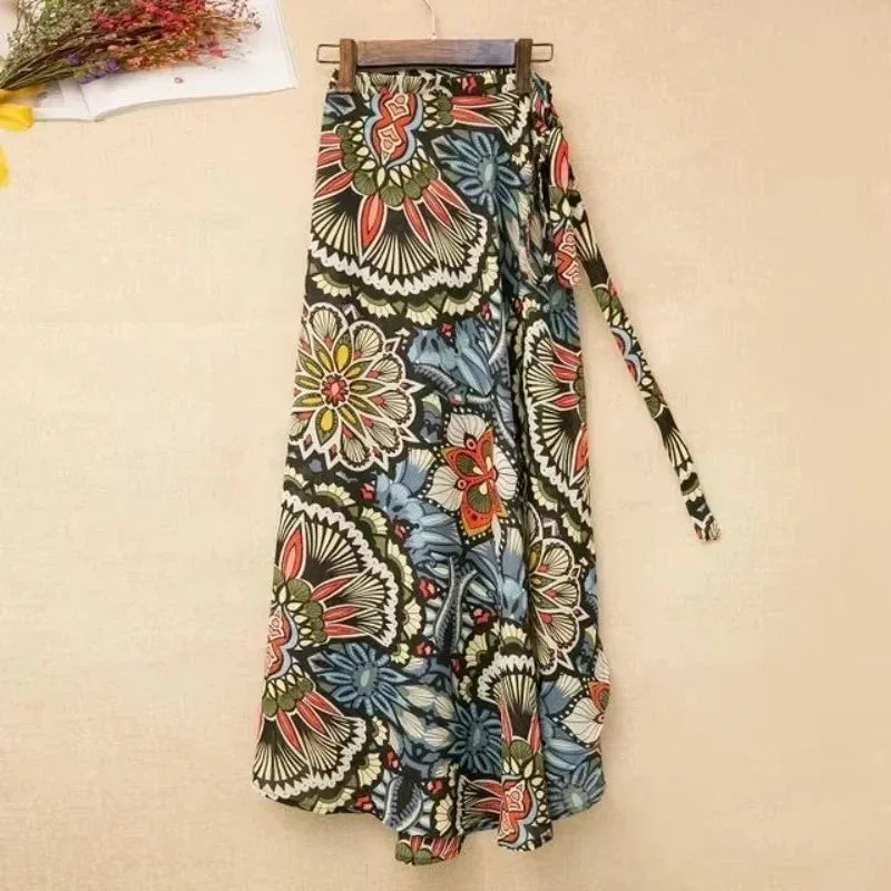 Summer Floral Maxi Skirt for Women – High Waist Wrap Design with Side Slit & Tie Detail in Long Boho Style One Size black flower