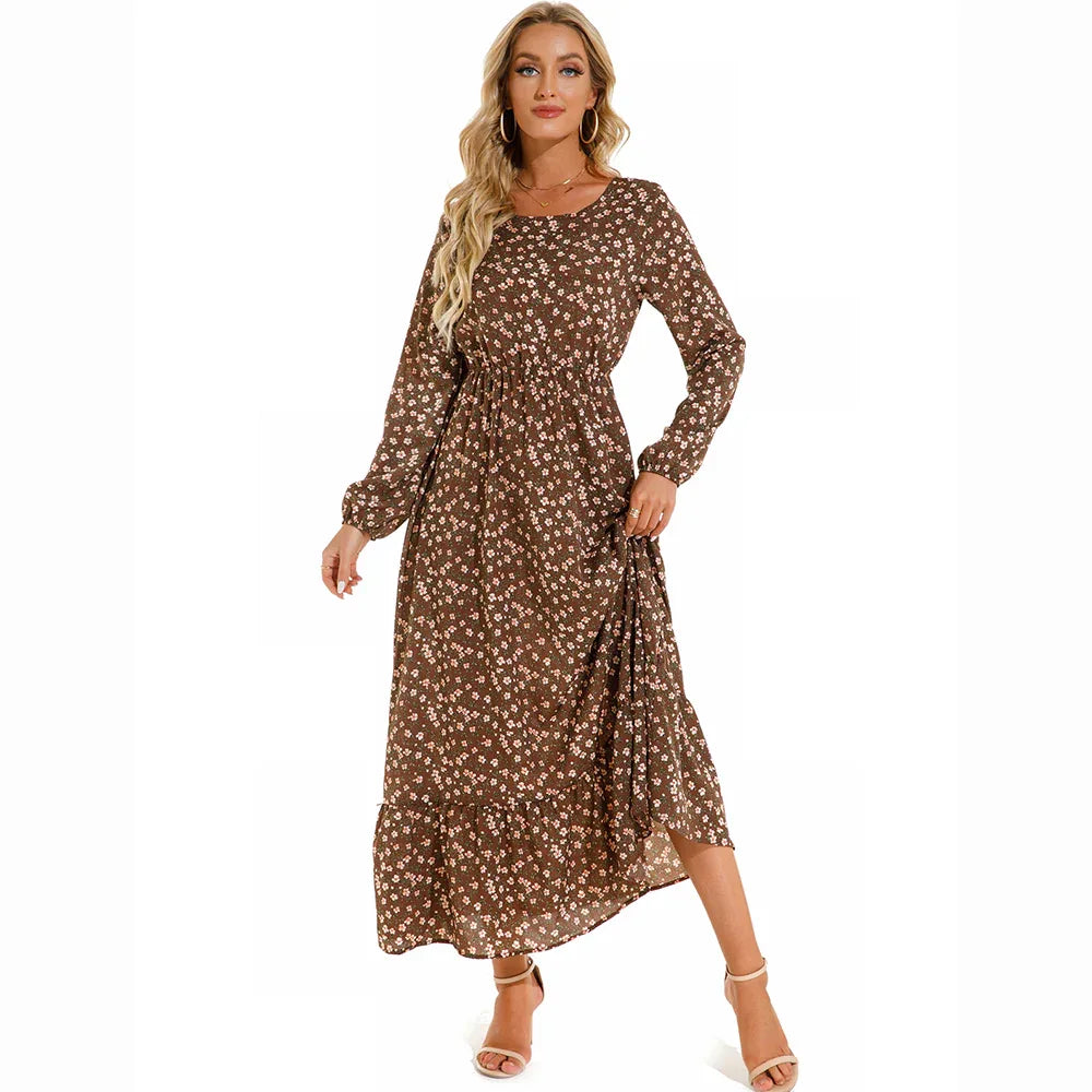 Women’s Bohemian Maxi Dress - Casual Chiffon Dress with Full Sleeves, High Waist, and Floral Print for Spring and Autumn