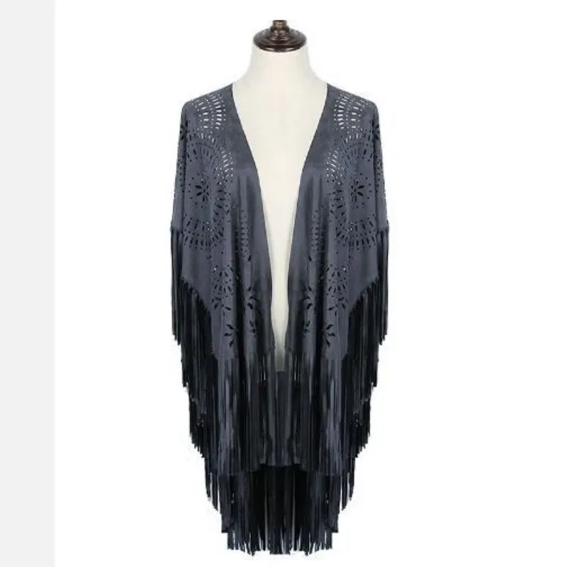 Camel Suede Fringe Shawl - Vintage Bohemian Floral Hollow Out Poncho Cape for Autumn