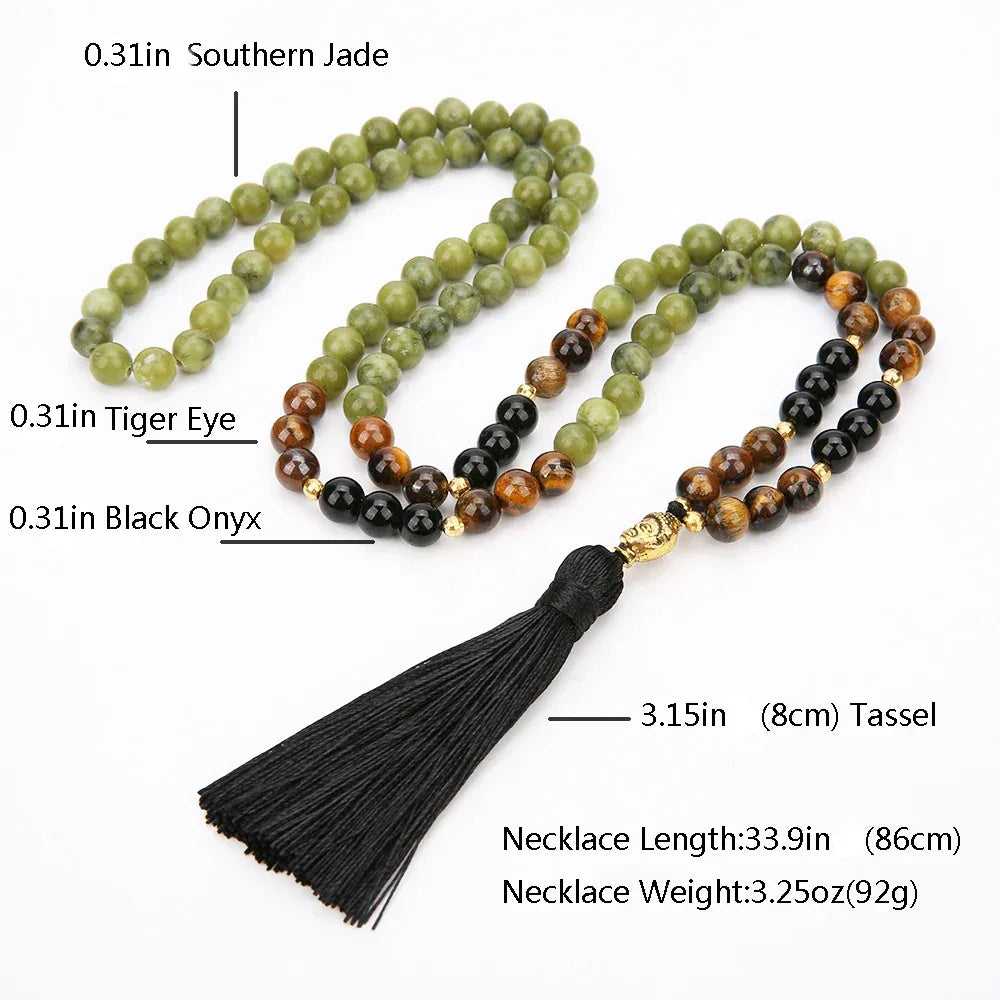 🔴 Southern Red Agate, Tiger Eye & Black Onyx 108 Mala Beads (8mm): The Triad of Vitality, Wealth & Protection – Root Chakra Healing Meditation Necklace