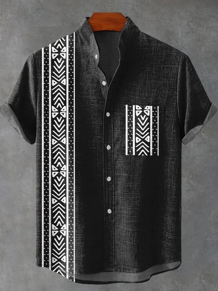 🌿 The Ethno-Luxe Heritage Linen Shirt: Premium Men's Casual Short-Sleeve Top – High-Definition Ethnic Artistic Print, Breathable Organic Cotton-Linen Fabric, and Sophisticated Button-Down Tailoring