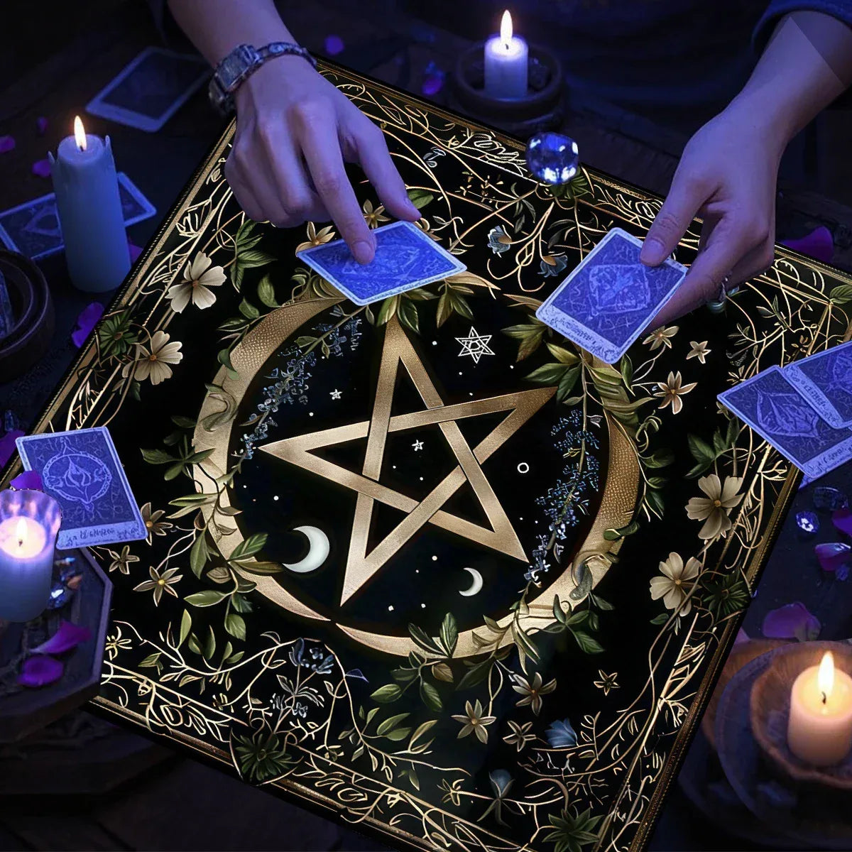 Pentagram Flowers & Plants Tarot Card Tablecloth Polyester Moon Tree of Life Altar Cloth Pagan Starry sky Divination Home Decor