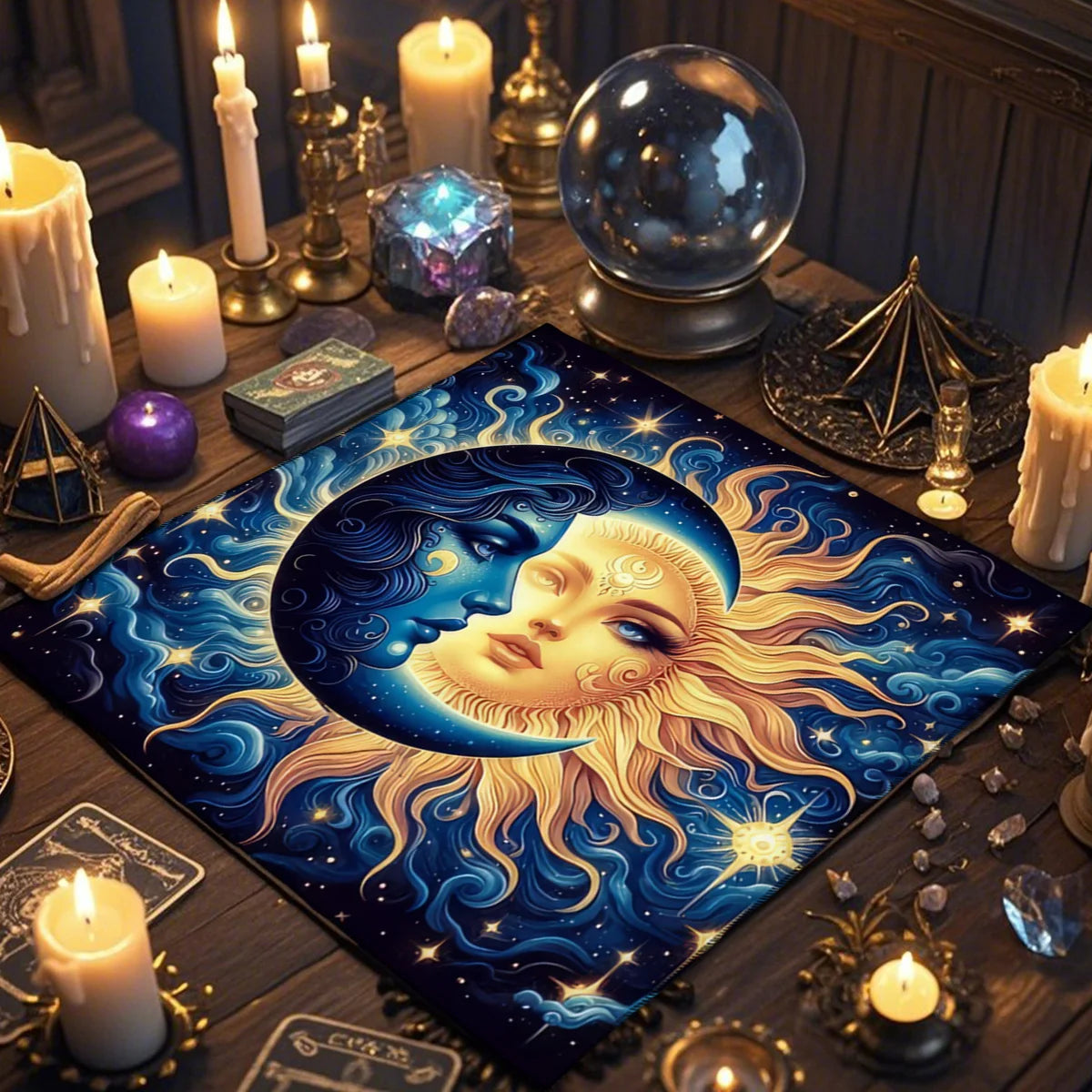 🌞🌙 Sun and Moon Tarot Card Tablecloth | Decorative Altar & Ritual Cloth | Divination & Astrological Card Game Pad