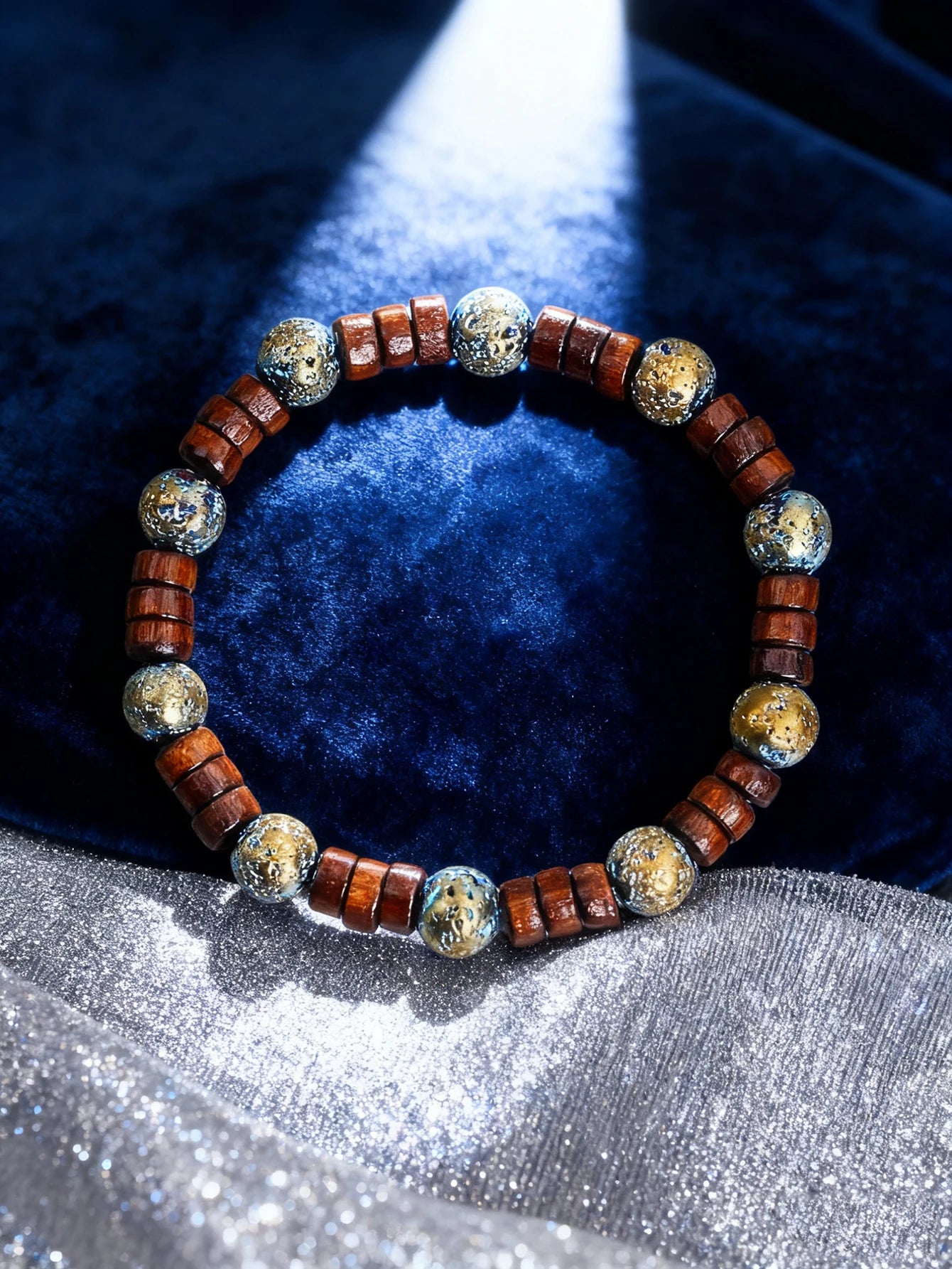 ✨ Natural Volcanic Stone Bracelet for Men – Light Blue Lava Beads & Handmade Retro Wood Beads – Vigour, Protection & Calmness Jewelry