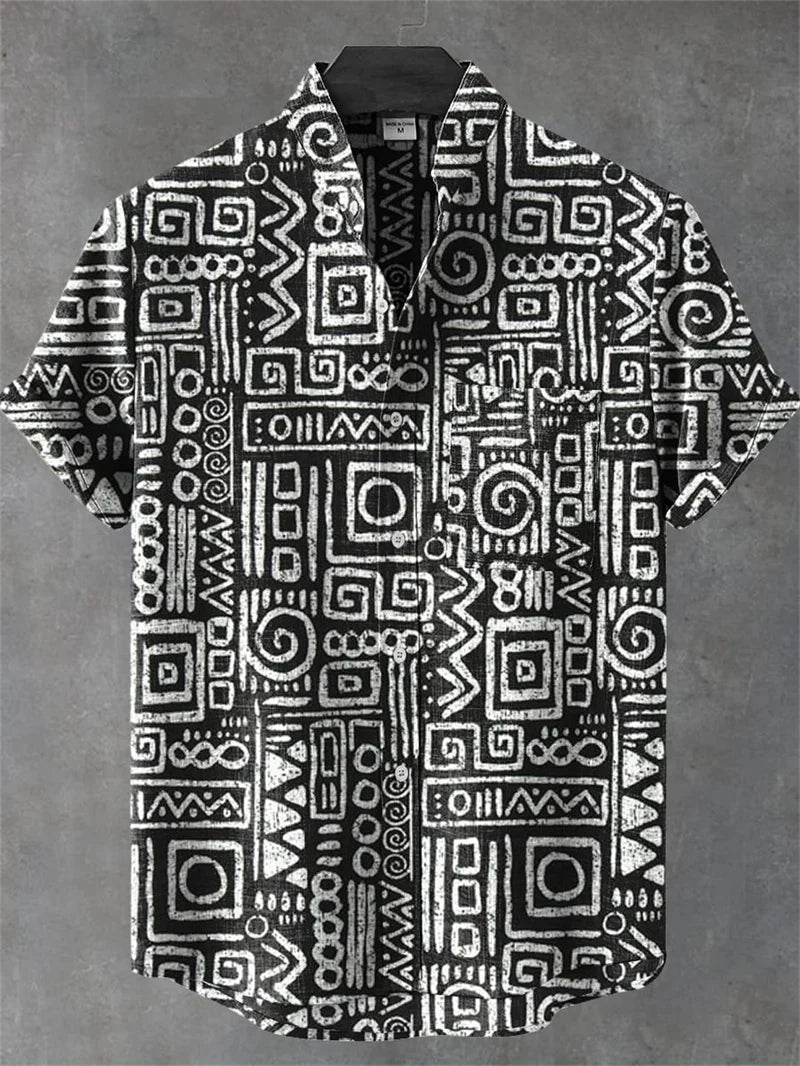 🌿 The Ethno-Heritage 80% Organic Linen Shirt: Premium Men's Short-Sleeve Vintage Top – High-Definition Ethnic Graphic Print, Ultra-Breathable Sustainable Fabric, and Sophisticated Urban Street Silhouette XZ2616
